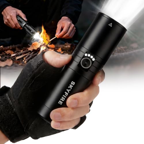 SKYFIRE Rechargeable Flashlight 2000 High Lumens with Ignition Lens, USB-C Tactical Flashlight LED, 7500 High Capacity, Up to 30 Days of Occasional Use, Waterproof for Camping, Survival & Emergency