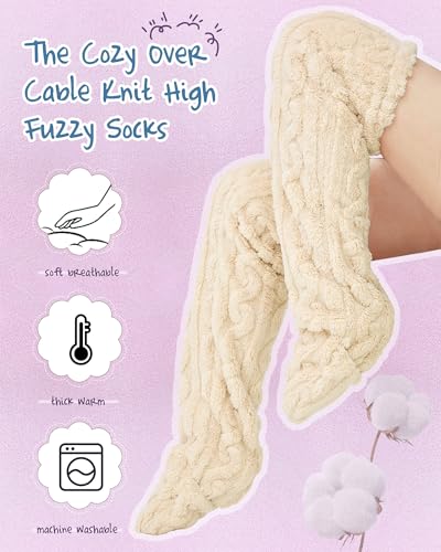 Image of Geyoga 3 Pairs Over Knee Fuzzy Socks High Fuzzy Leg Warmers Over Knee Plush Slipper Socks for Women Christmas Sleeping