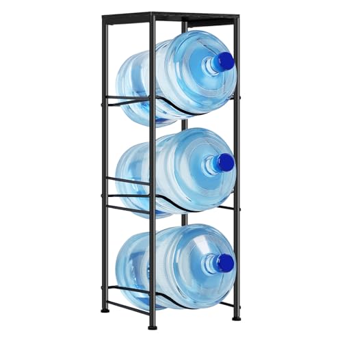 MOOACE 3-Tier Water Jug Rack, 5 Gallon Water Bottle Holder Organizer with Top Storage Shelf, Black