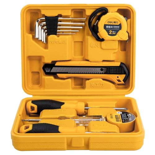 Image of Deli DL1011J 11 Piece Household Tool Kit Portable & Compact with Test Pen Electrical Tape Measure Tape Screwdrivers Utility Knive 5-Hex Keys and Storage Box for DIY Home Repair (Yellow)