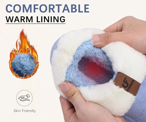 COFACE Womens Warm Fuzzy House Slippers Arch Support Memory Foam Comfort Recovery Platform Winter Moccasin Shoes Ladies Orthotic Plantar Fasciitis Indoor Outdoor Hard Rubber Sole Blue Size 93