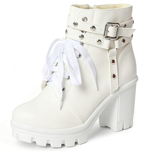Image of FOREADA Goth Platform Heel Combat Boots Women Pearl Lace Victorian Booties