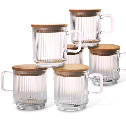 WeirdUncle Ribbed Glass Coffee Mug with bamboo lids and handle, Set of 6, Clear, 12oz Tea Drinking Glasses, Fluted Design, Ideal for Water, Iced Coffee, Juice, Latte, Milk, Gift