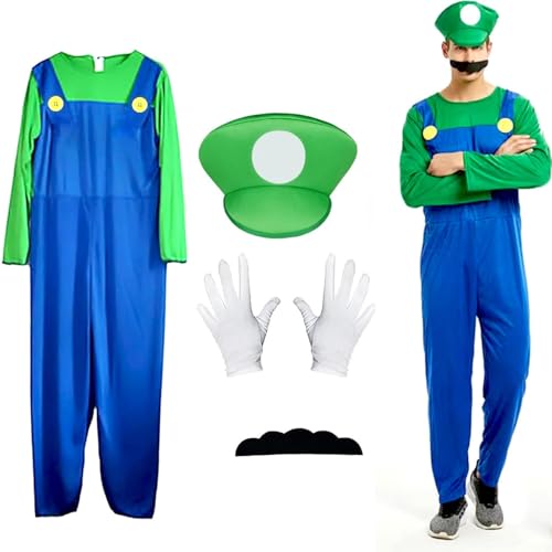 Soanwind Party Costumes 4 Pack Cosplay Costume Accessories Kits with Bodysuit Hats Cap Mustaches White Gloves Bros Fancy Dress Green Outfit Costume for Women or Men (Green)