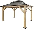AMERLIFE 10x12 Wood Gazebo, Hardtop Gazebo with Aluminum Double Roof, Outdoor Pergola with Wood Frame for Parties, Backyard, Patio, Lawns, Black + Natural Wood