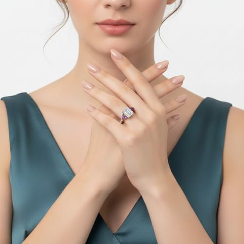 Image of Choose Your Gemstone Emerald Cut Petite Cathedral Diamond CZ Ring Yellow Gold Plated Emerald Shape Petite Engagement Rings for Women, Girls and Ladies US Size 4 to 12