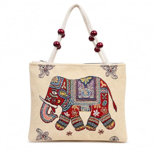 Image of Elephant Print Canvas Tote Bag for Women, Ethnic Shoulder Handbag with Multicolor Elephant Design, Dual Handle Everyday Carry Bag for Shopping, Office, College, Travel & Daily Use
