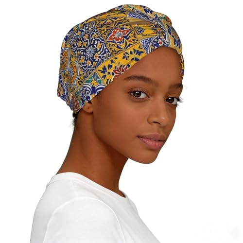 Slip On Headscarf Hat for Outdoor Sleep, Women Ladies Talavera Mexican Tiles Tribal Head Covering Soft Beanie Caps, African Women Turban