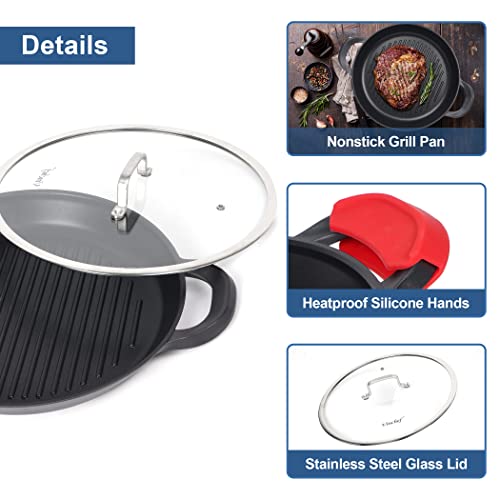 Vinchef Grill Pan For Stove Tops With Lid| 13.0" Skillet, Indoor Induction Cast-Aluminum Grill Pan With Lid And Anti-Scalding Tools, Granitec Nonstick Coating, Dishwasher & Oven Safe, Black #TOP1