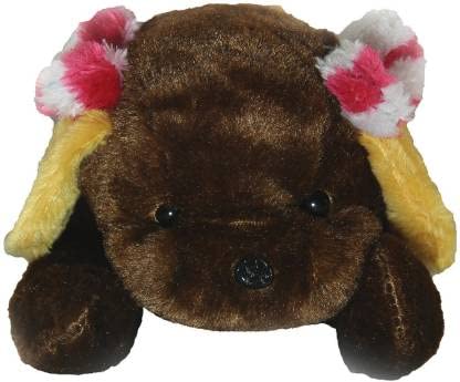 Image of Tickles Brown Lying Dog with Beautiful Ribbon Stuffed Soft Plush Animal Toy for Kids Room (Color: Brown Size: 20 cm)
