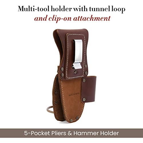 Style N Craft - 5 Pocket Pliers And Hammer Holder, Full-Grain Leather Tool Pouch, Multi Tool Holder, Dark Tan (98016) #TOP1