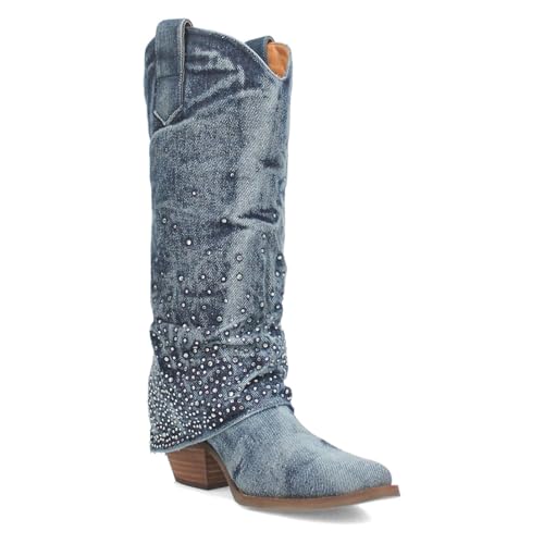 FIFSY Women's Rhinestone Denim Cowgirl Boots Fold Over Knee High Cowboy Boots Chunky Heel Pointed Toe Sparkly Boots3