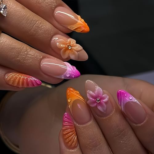 Medium Almond Press on Nails Flower Acrylic Fake Nails Ombre 3D Texture French Rhinestones Floral False Nails Tips Kit Pink Orange Gradient French Style Artificial Nails Stick on Nails for Women 24Pcs