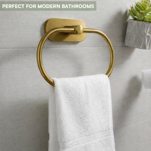 Image of Oslen Magic Sticker Towel Ring Holder for Bathroom - Self Adhesive Wall Mount Hand Towel Hanger Without Drilling, Brushed Antique Brass Gold Finish, Rustproof Stainless Steel (Pack of 1)