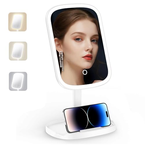 DYETUNY Makeup Mirror with Lights, Rechargeable Vanity Mirror with 3 Color Light, Adjustable Brightness, 360° Degree Rotation, Makeup Mirror for Beginners, Gifts for Women (White)