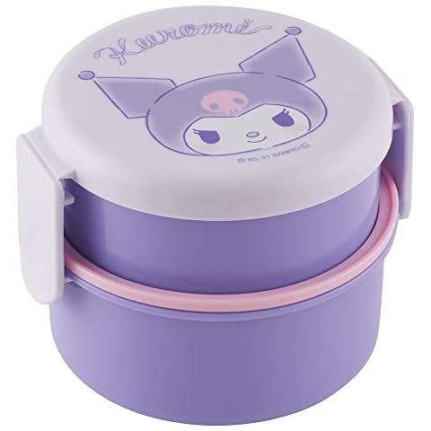 Skater Kuromi 2 Tier Round Bento Lunch Box with Folk (17oz) - Authentic Japanese Design - Microwave Safe - Purple Cover