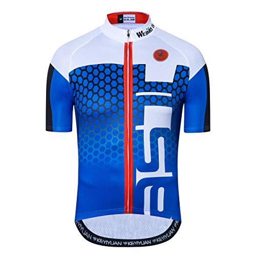 Mens Cycling Jerseys Short Sleeve Bike Jersey for Men Cycling Funny Blue Full Zip with Pocket Bicycle Shirt L