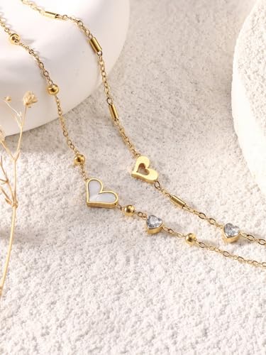 Jovivi Gold Ankle Bracelets for Women 18K Gold Plated Ball Link Chain White Shell Crystal Heart Charm Anklet Bracelet Summer Boho Beach Jewelry Gift