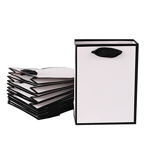 REDDOTGIFT 10-Pack White with Black Border Gift Bags Shopping Bag Party Favor Bags with Grosgrain Ribbon Handle for Birthday Mothers Day Baby Shower Bridal Shower Wedding Gift (H16*L12*D5.7cm)