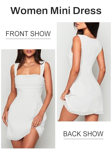 Image of Women's Sexy Ruched Mesh Midi Short Dresses for Women Square Neck Fitted Elegant Club Party Cocktail Dress
