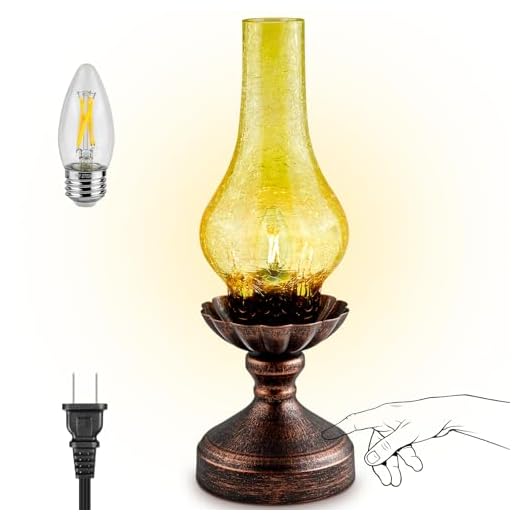 LEDIKON Touch Control Vintage Table Lamp | 3-Way Dimmable Rustic Retro Farmhouse Lamp with Amber Glass Shade and LED Bulb for Bedroom, Living Room, Nightstand, Office