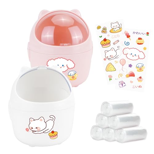 Image of 10Pcs Mini Desktop Trash Can with Lid Set, 2 Cute Small Garbage Cans with 6 Rolls Garbage Bags and 2Pcs Stickers, Countertop Dustbin Storage Bin for Desk Bedroom (White & Pink)