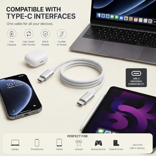 Image of USB Type C to Type C Fast Charging Cable, 1M USB-C Charger Cord with 480Mbps Data Sync, Compatible with iPhone 17 /16 /15 Series, MacBook, iPad & All USB Type-C Devices (Free Cable Protectors)