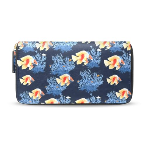 Long Wallets Leather Bifold Wallet for Women Fish Coral with Zipper Credit Card Holder Large Capacity