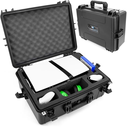 Image of CASEMATIX Travel Case Compatible With PlayStation 5 Pro & PS5 Pro Disc Drive - Hard Shell Waterproof Case with Custom Foam for Console, Pro Controllers, Stand, Headset, Games & Accessories (Gray Lid)