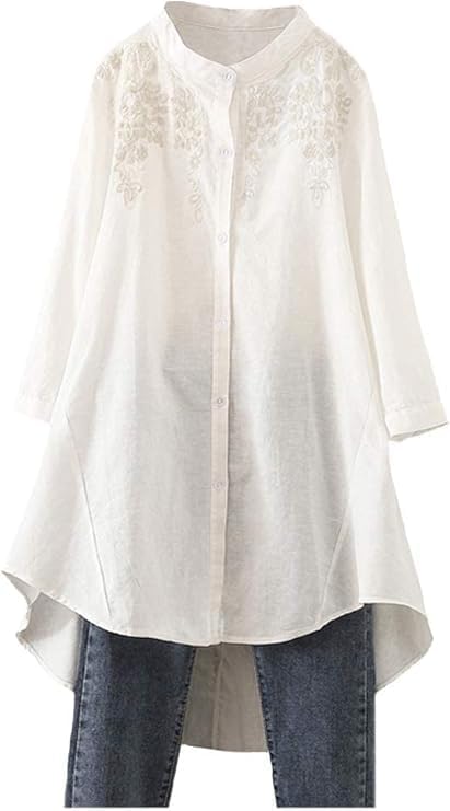 Minibee Women's Cotton Linen Shirt High Low Button Down Embroidered Blouse Long Sleeve Tunic Tops