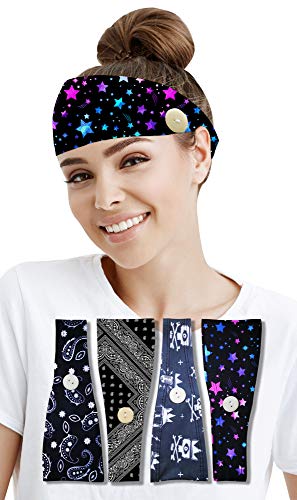 4PCS Headbands with Buttons for Nurses Headband for Holding Sweat Band Yoga Workout Sweatbands, Multi-Black Patterns