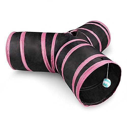 Túnel para gatos Dobrável Com Bolinha em T - Preto e Rosa
