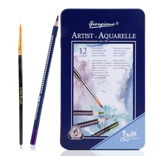 Aquarellstifte,12 Wasservermalbar Aquarell Buntstifte,Colored Pencils mit Feinem Pinsel und Präsentationsbox aus Blech,Malsachen für Kinder und Erwachsene|Wasserbasiert, sanfte Farben
