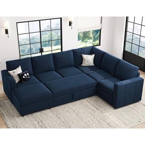 Belffin Modular Sectional Sleeper Sofa with Pull Out Couch, U Shaped Sleeper Pull Out Bed, Convertible Sectional Couches for Living Room, Blue Sleeper