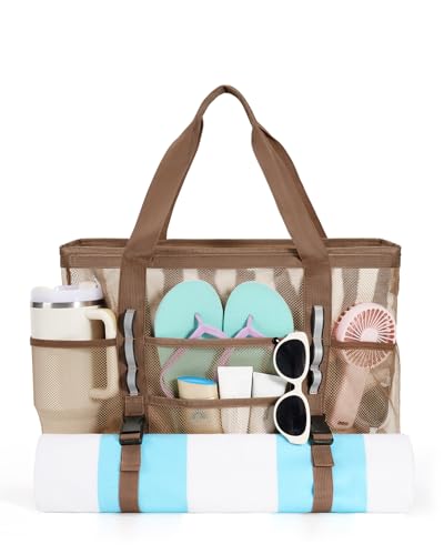 WANDF Mesh Beach Bag for Women, Large Beach Tote Bags with 40oz Tumbler Side Pockets, Family Pool Bag for Swim Toys Towels Cruise Vacation Essentials (Khaki)