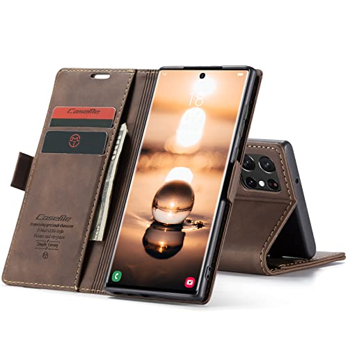 owlhold Hülle Samsung S22 Ultra klapphülle Premium Lederhülle Weiches Vintage-Nubukleder Faltbare Ständer Schutzhülle Kartenfach Standfunktion klapphülle Samsung Galaxy S22 Ultra 5G -Kaffee