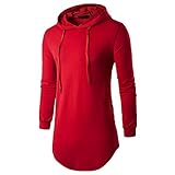 Elonglin Mens Hipster Long T-Shirt Hooded Hip Hop Long Sleeve Asymmetric Shirt Hoodie Red US XL (Asian XXL)