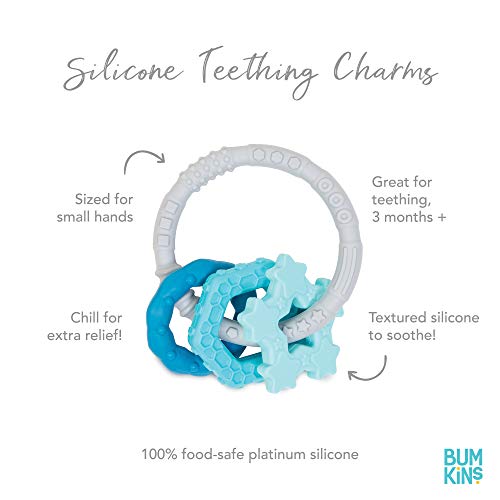 Image of Bumkins Baby Teething Freezer Toy Keys Rings, Soft Flexible Pacifier to Chew, Cool Teether Gum Relief, Babies 3 Months, Freezable Platinum Silicone, Sensory Bracelet with Charms, Blue and Gray