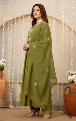 Image of Nermosa Women Embroidery Solid A-Line Kurta and Pant Set with Dupatta