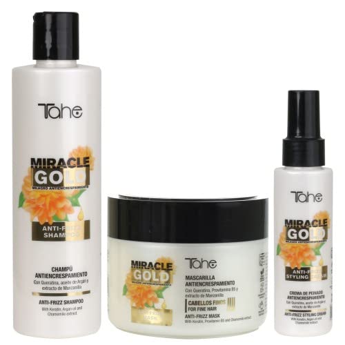 Tahe Pack antiencrespamiento Champú + Mascarilla finos + Crema de peinado Miracle Gold