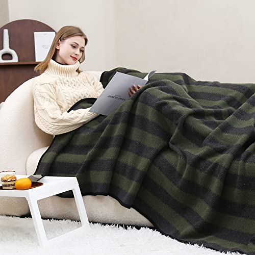 Putian Merino Wool Blanket - 63" X 51" Thick Warm Soft Twin Bed Throw - Great For Camping, Outdoors, Travel, Car, Couch, All Seasons Green Stripe #TOP5