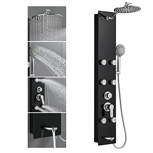 Popfly Tempered Glass Shower Tower Panel System, Height Adjustable Shower Arm, 6 Shower Body Spray Jets And 5-Function Shower Wand, Tub Spout, Black Stainless Steel Shower Column #TOP22