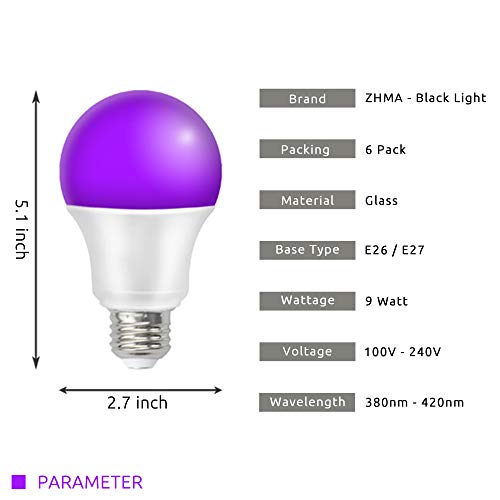 ZHMA UV LED Black Light Bulbs, 9W E26 LED Blacklight Bulb, Black Lights for Glow Party, Bedroom, Black Light Fluorescent Poster, Body Paint (6 Pack) by ZHMA - Image 2