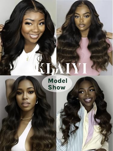 Image of KLAIYI Ombre Brown V Part Wig Body Wave Human Hair Upgrade U Part Wig with Dark Roots Glueless Chestnut Brown Clip in Half Wig No Glue No Leave Out Beginner Wigs for Women 30S Wear and Go Wig 26Inch