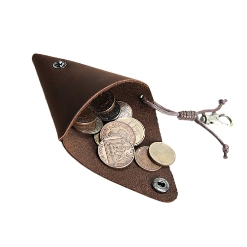 BRTROO Small & Mini Leather Coin Change Purse Pouch for Men & Women - Triangle Genuine Leather Medieval Retro Portable Storage Pouch(Dark brown)