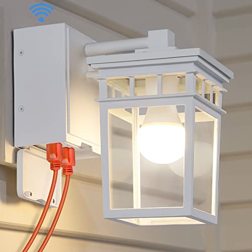 Image of Outdoor Porch Light, Dusk to Dawn Outdoor Wall Lantern with GFCI Outlet | White Waterproof Anti-Rust Exterior Light Fixture with LED Bulb, Outside Sconce Lights for House Garage Patio