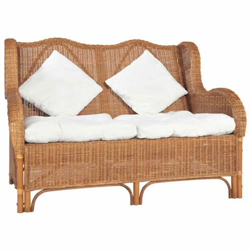 YUOTYRKTEJRSG Natural Rattan 2 Seater Sofa Light Brown Linen Cushions...