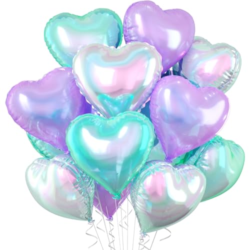 Image of Iridescent Heart Balloons, 10 Pcs Crystal Heart Shaped Balloon, 18 Inch Transparent Gradient Blue Purple Foil Balloons for Engagement Brithday Baby Shower Wedding Valentines Mermaid Party Decoration