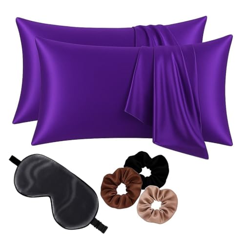 Image of Premium Satin Pillowcase Set of 2 with Eye Mask & 3 Scrunchies | Silky Soft, Anti-Frizz, Skin & Hair Care Sleep Set | Luxury Gift Combo for Women & Girls (Purple)