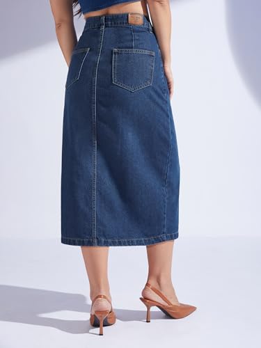 Image of Miss Chase Women's Regular High Rise Above Knee Stretchable Denim Skirt